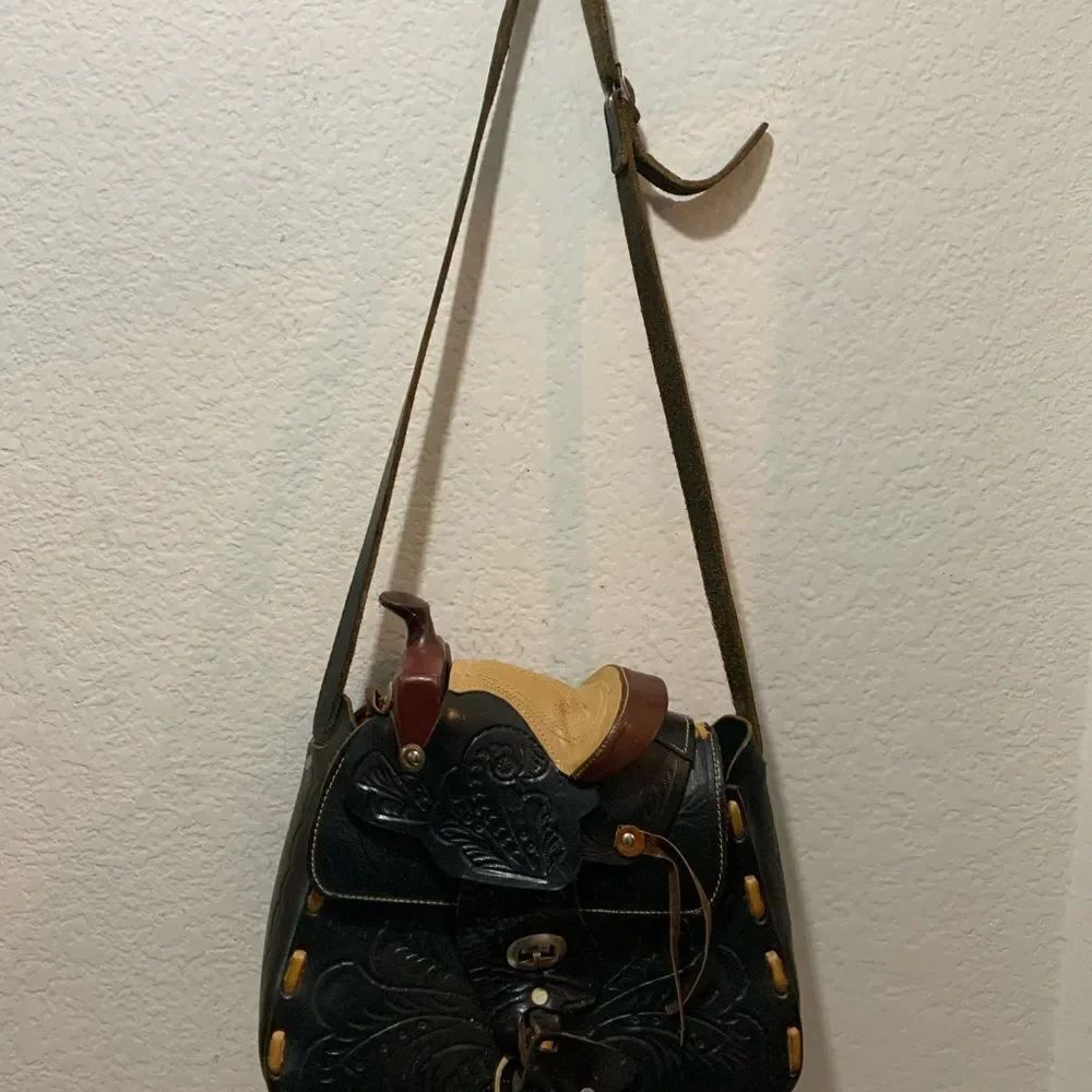 Vintage Leather Shoulder Bag Horse Saddle Tooled Western Handbag